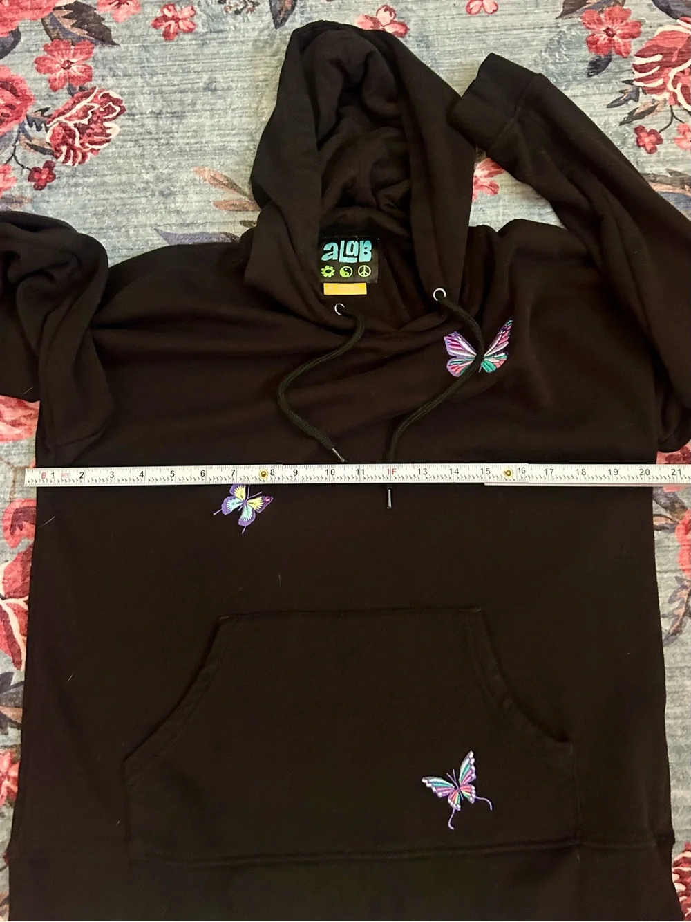 Women's Black Pullover Hoodie with Colorful Butterfly Accents